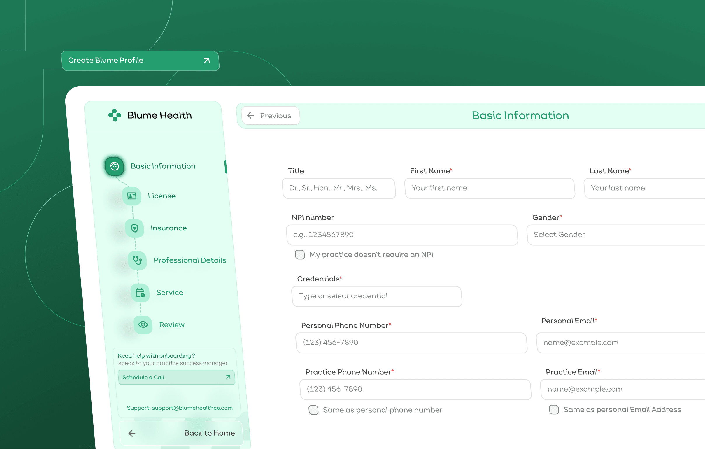 Blume Health basic information form
