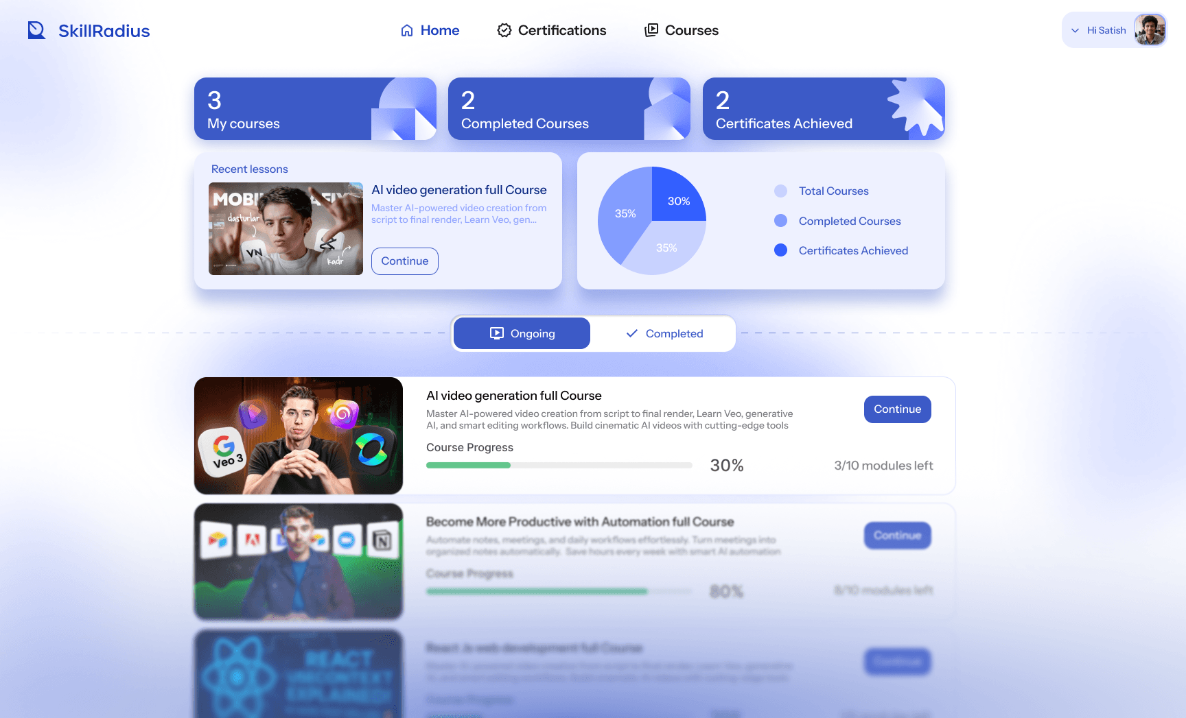 SkillRadius student dashboard