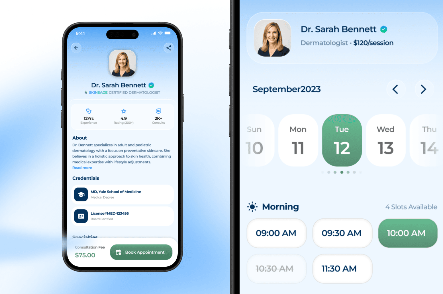 SkinSage doctor profile and booking